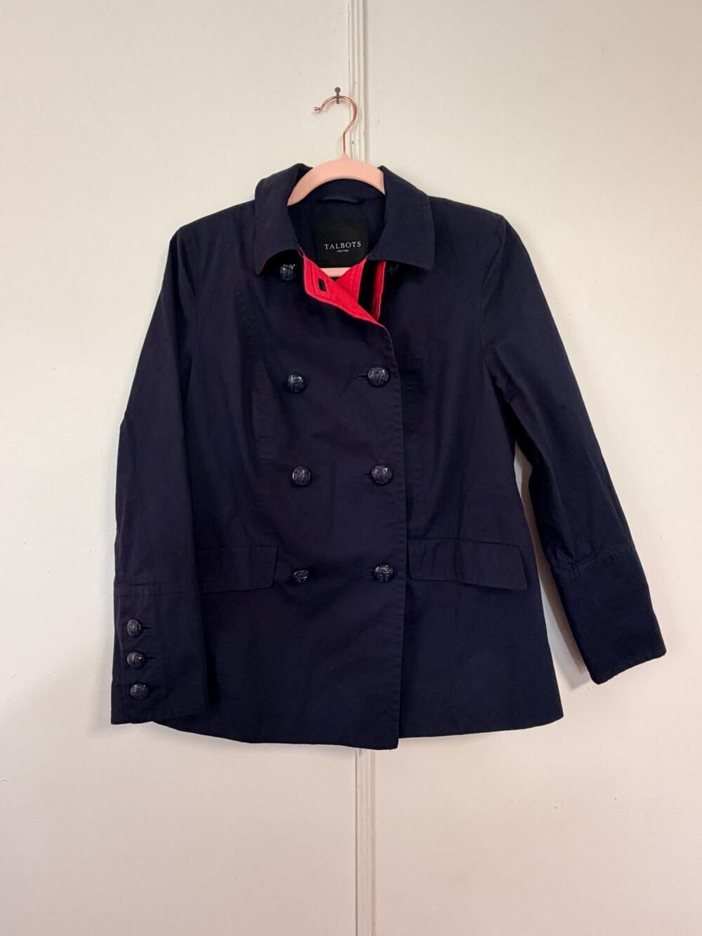 Talbots Navy Double Breasted Short Trench Pea Coat Size Petite Small SP